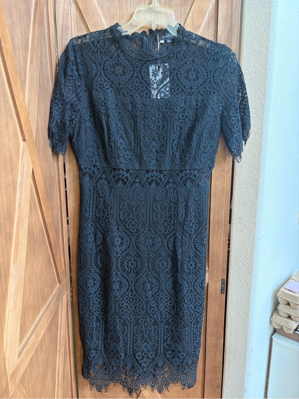 Black Lace Midi Dress with High Neck and Short Sleeves